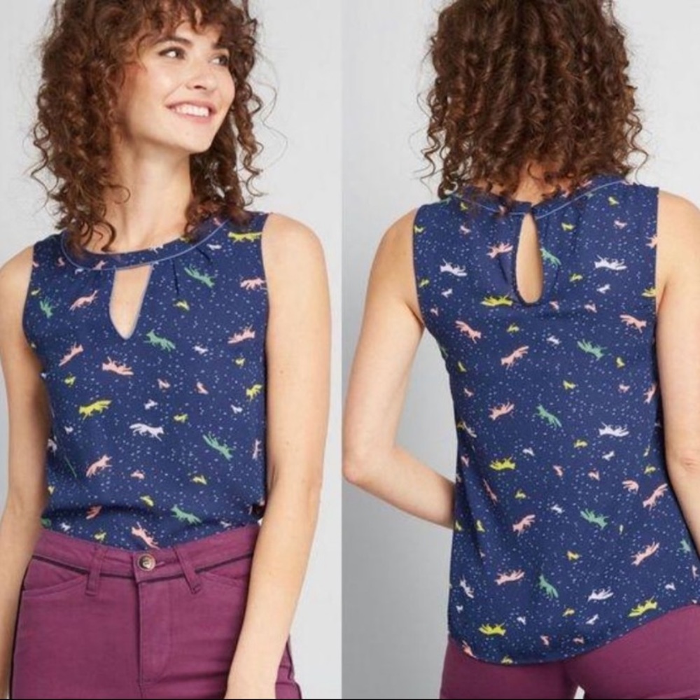 Modcloth Fox Rabbit Sleeveless Keyhole Top S Blue Sleeveless Tank